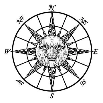Compass Sun Face Etching Rose Woodcut Drawing Stock Illustration