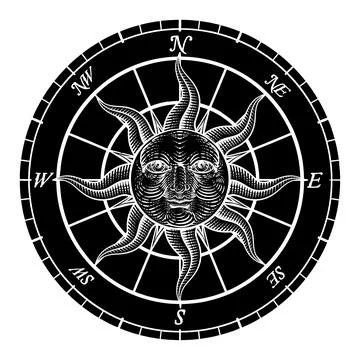 Compass Sun Face Etching Rose Woodcut Drawing Stock Illustration