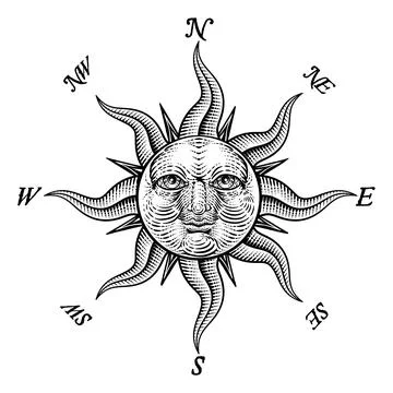 Compass Sun Face Etching Rose Woodcut Drawing Stock Illustration