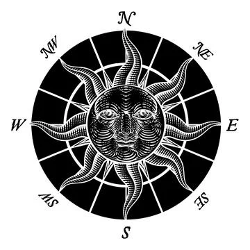 Compass Sun Face Etching Rose Woodcut Drawing Stock Illustration