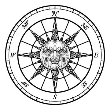 Compass Sun Face Etching Rose Woodcut Drawing Stock Illustration