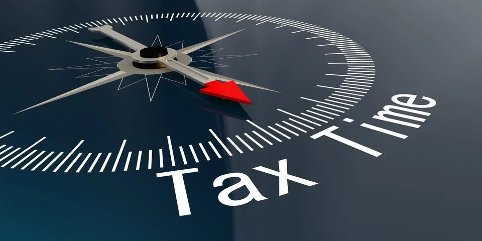 Compass with tax time word Stock Photos