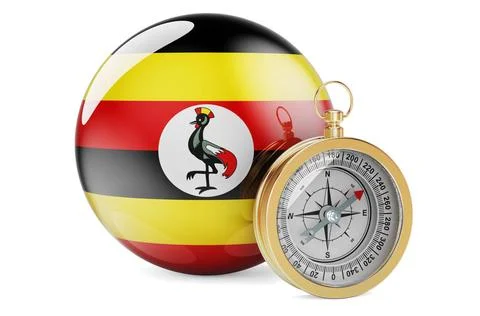 Compass with Ugandan flag. Travel and tourism in Uganda concept. 3D render... Stock Photos