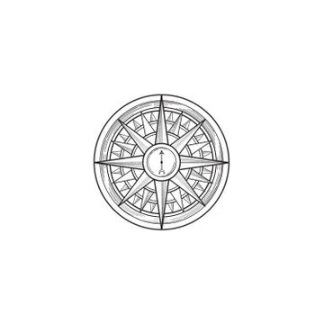 Compass wind rose drawn design element. Black line sketch sign i Stock Illustration