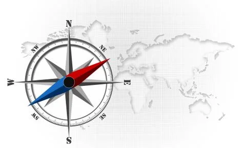Compass on world map with white background Illustrazione stock
