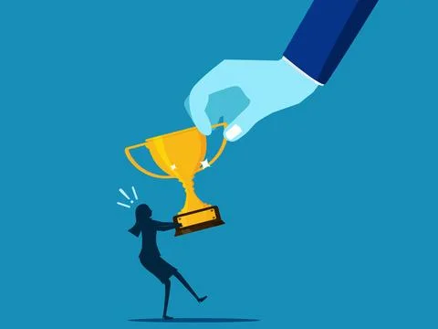Compete for the prize. Big hands pulling war trophies with small businesswoma Stock Illustration