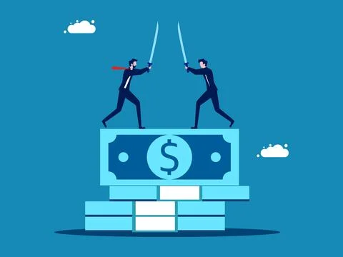 Compete for profits. Businessmen fighting over piles of banknotes Stock Illustration