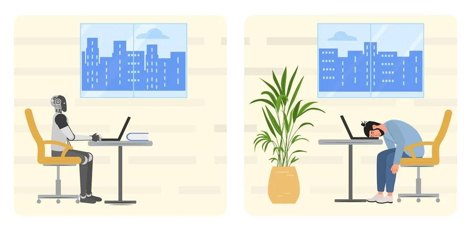 Compete Robot People Workplace Job Worker Burnout Illustrazione stock