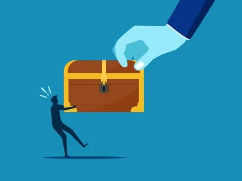 Compete for treasure. Big hand pulling tug of war treasure chest with small m Stock Illustration