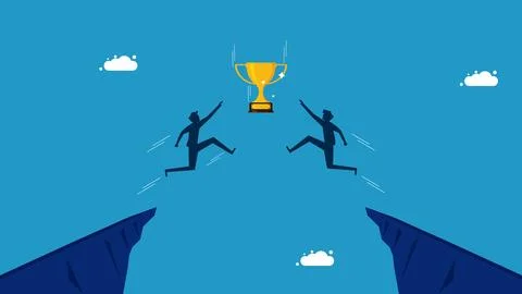 Compete for victory. Two men jumping to grab a trophy Stock Illustration