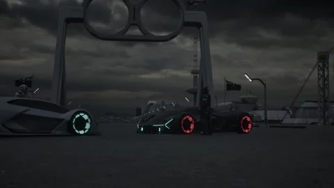 The competing astronauts stand in front of each other next to the cars Stock Footage 260524175