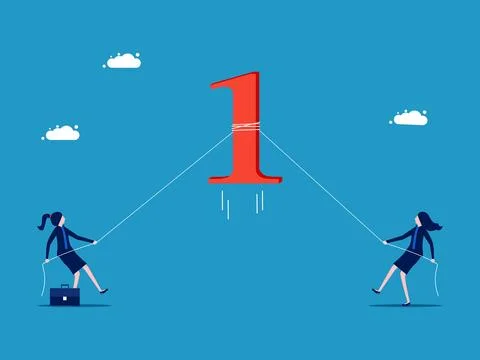 Competing to be number one. Two businesswomen help each other pull number one Stock Illustration