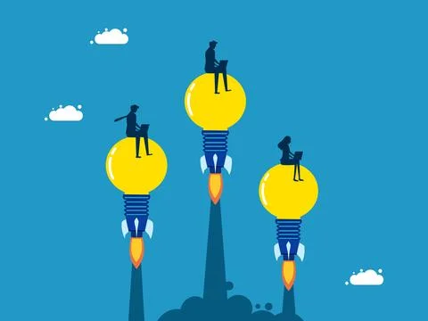 Competing ideas, developing ideas. team business working on a lightbulb rocke 스톡 일러스트
