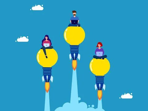 Competing ideas, developing ideas. team working on a lightbulb rocket soars i Stock Illustration