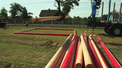 Competition among lumberjacks loading logs on a tractor Stock Footage 68353265