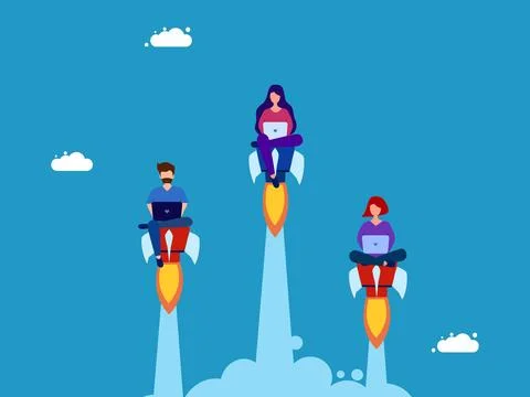 Competition and personal development. Team of people working on laptops flyin Stock Illustration