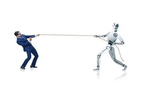 Competition between humans and robots in tug of war concept 스톡 사진