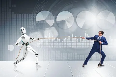 Competition between humans and robots in tug of war concept Stock Photos