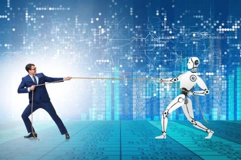Competition between humans and robots in tug of war concept 스톡 사진