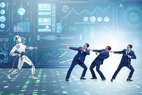 Competition between humans and robots in tug of war concept Stock Photos