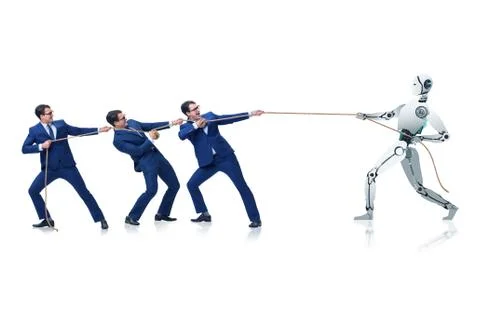 Competition between humans and robots in tug of war concept 스톡 사진