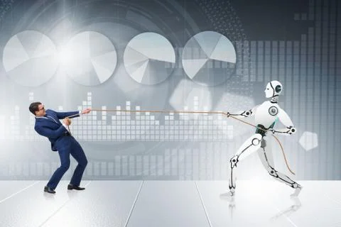 Competition between humans and robots in tug of war concept 스톡 사진