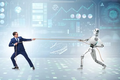 Competition between humans and robots in tug of war concept 스톡 사진
