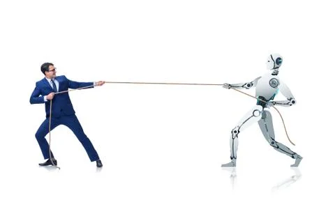 Competition between humans and robots in tug of war concept Stock Photos