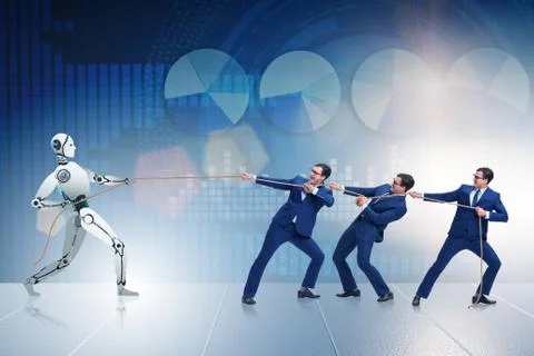 Competition between humans and robots in tug of war concept 스톡 사진
