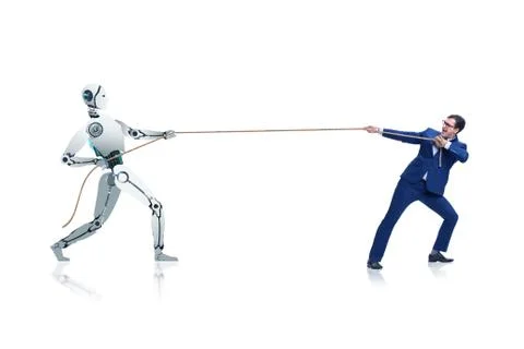 Competition between humans and robots in tug of war concept 스톡 사진