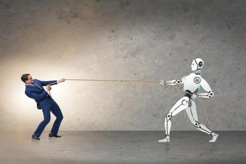 Competition between humans and robots in tug of war concept 스톡 사진