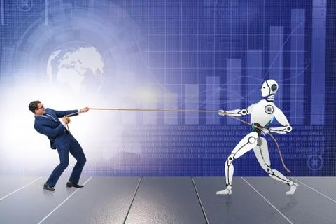 Competition between humans and robots in tug of war concept 스톡 사진