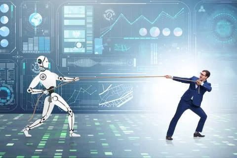 Competition between humans and robots in tug of war concept 스톡 사진