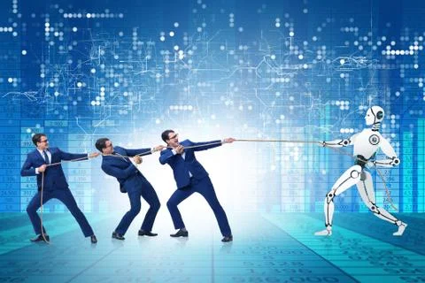 Competition between humans and robots in tug of war concept Stock Photos