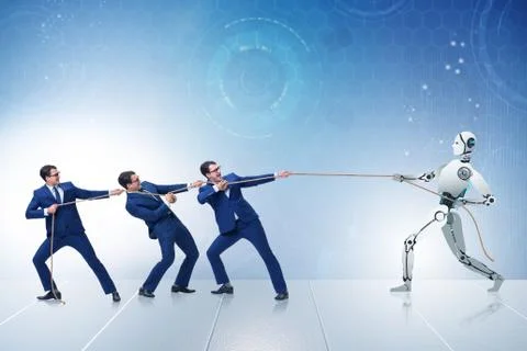 Competition between humans and robots in tug of war concept Stock Photos