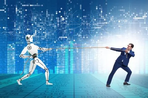 Competition between humans and robots in tug of war concept 스톡 사진