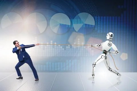Competition between humans and robots in tug of war concept 스톡 사진