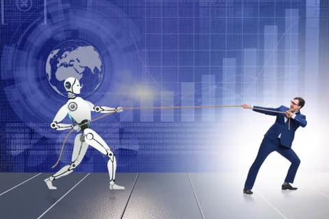Competition between humans and robots in tug of war concept 스톡 사진