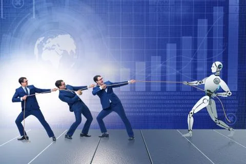 Competition between humans and robots in tug of war concept Stock Photos