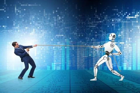 Competition between humans and robots in tug of war concept Stock Photos