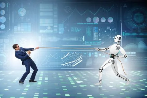 Competition between humans and robots in tug of war concept 스톡 사진
