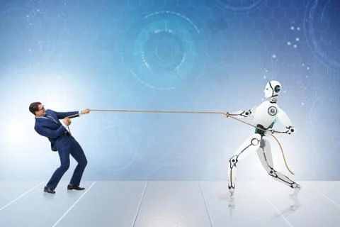 Competition between humans and robots in tug of war concept Stock Photos
