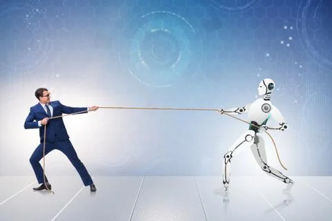 Competition between humans and robots in tug of war concept 스톡 사진