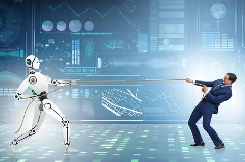 Competition between humans and robots in tug of war concept Stock Photos