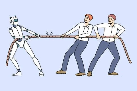 Competition between peoples and robot in tug of war, as metaphor for struggle イラスト素材