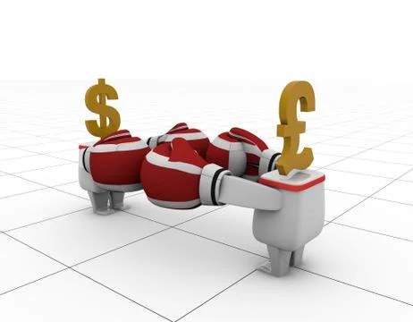 Competition between two little white men, dollar pound sign Stock Illustration