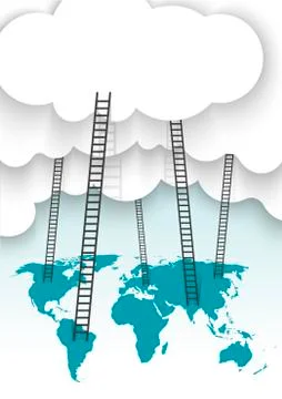 A competition concept, clouds with ladders and world map Stock Illustration