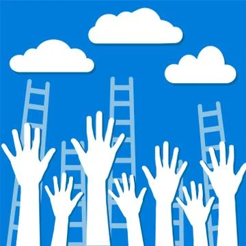 Competition concept, white clouds on blue sky with ladders and human hands, s Stock Illustration