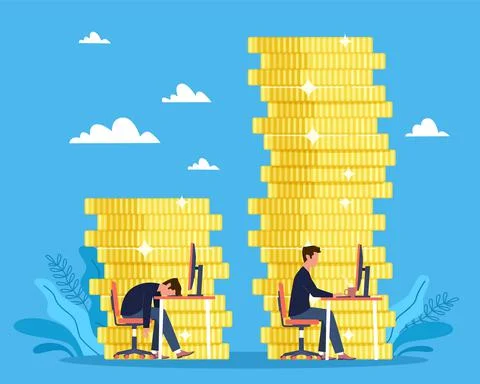 Competition. Efficiency at work, man works at computer, other is tired, gold Stock Illustration