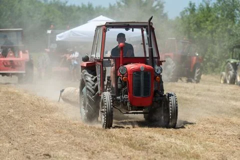 Competition in log pulling with tractors Foto stock